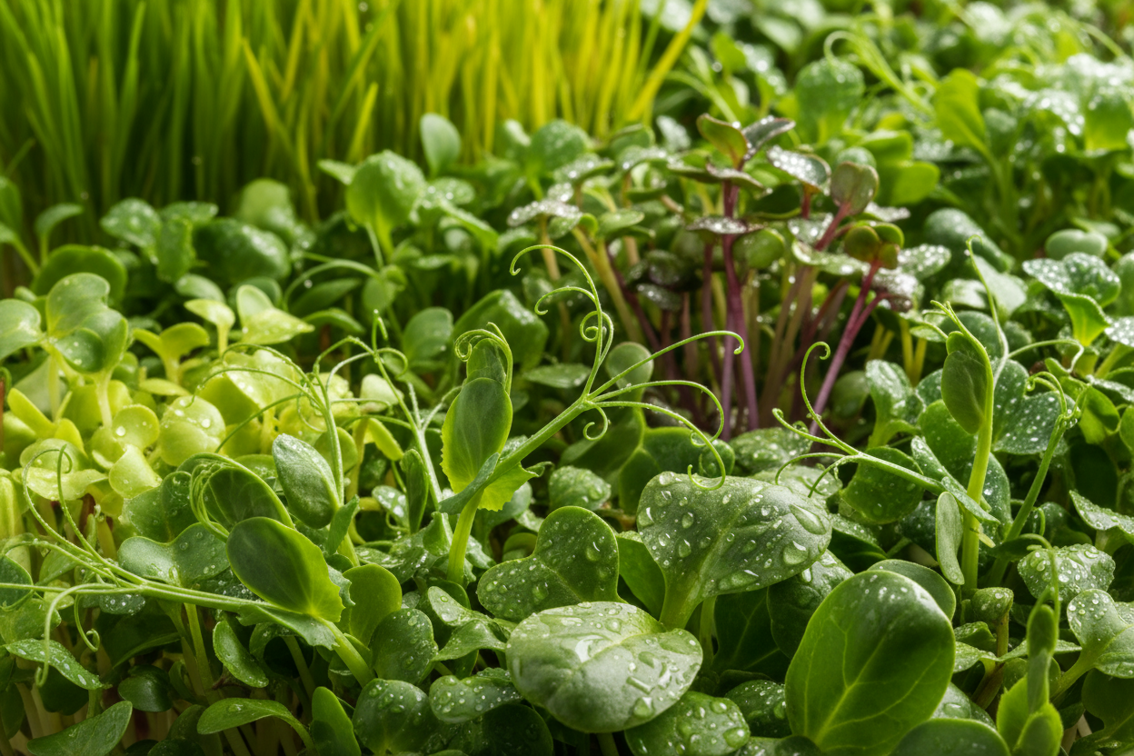 generate an image extremely fresh & green with varities of microgreen plants